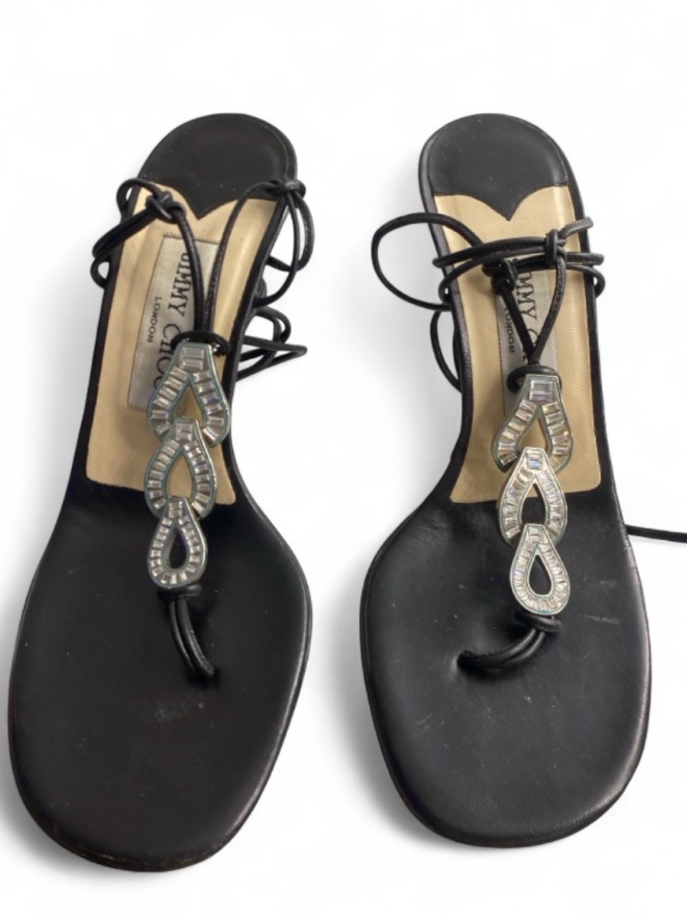 Jimmy Choo Black Leather Toe-Loop Sandals with Silver Crystal Accents